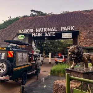 Nairobi, Kenya - February 17, 2024: Land Cruisers and safari vans wait to enter the main gate of Nairobi National Park in Africa